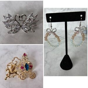 Bundle of Pair of Earrings, Petite “Cinderella Coach”Brooch, Heart Swan Brooch